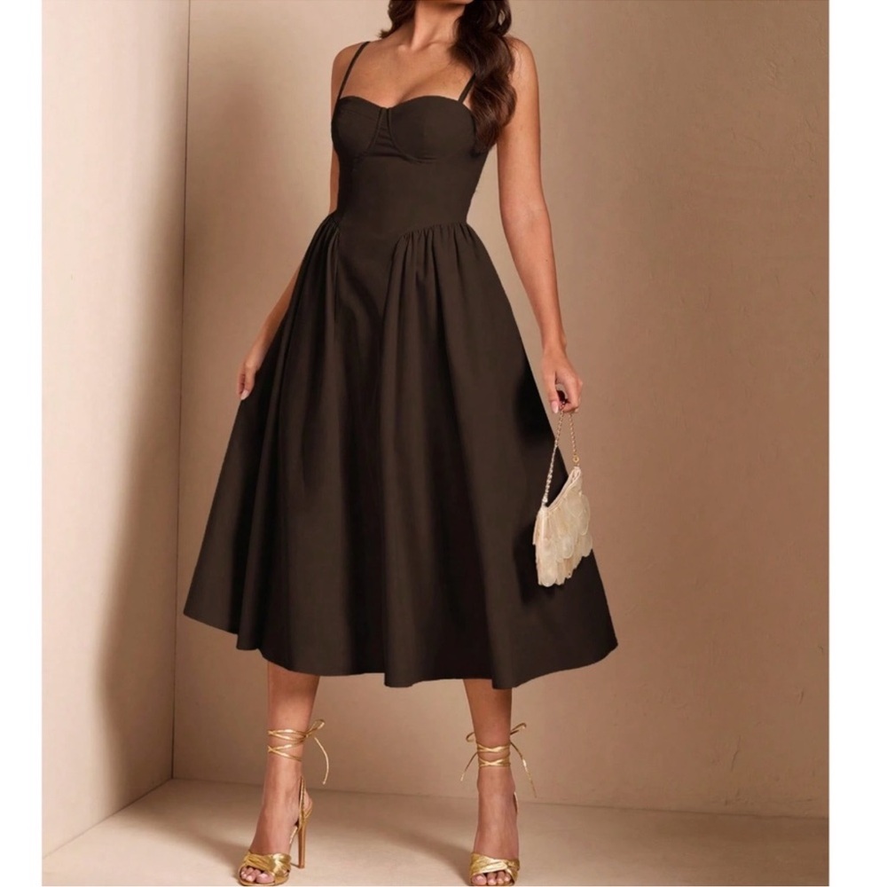 Brown Classic Solid High Waist Flared Cami Party Evening Dress XS S M L XL